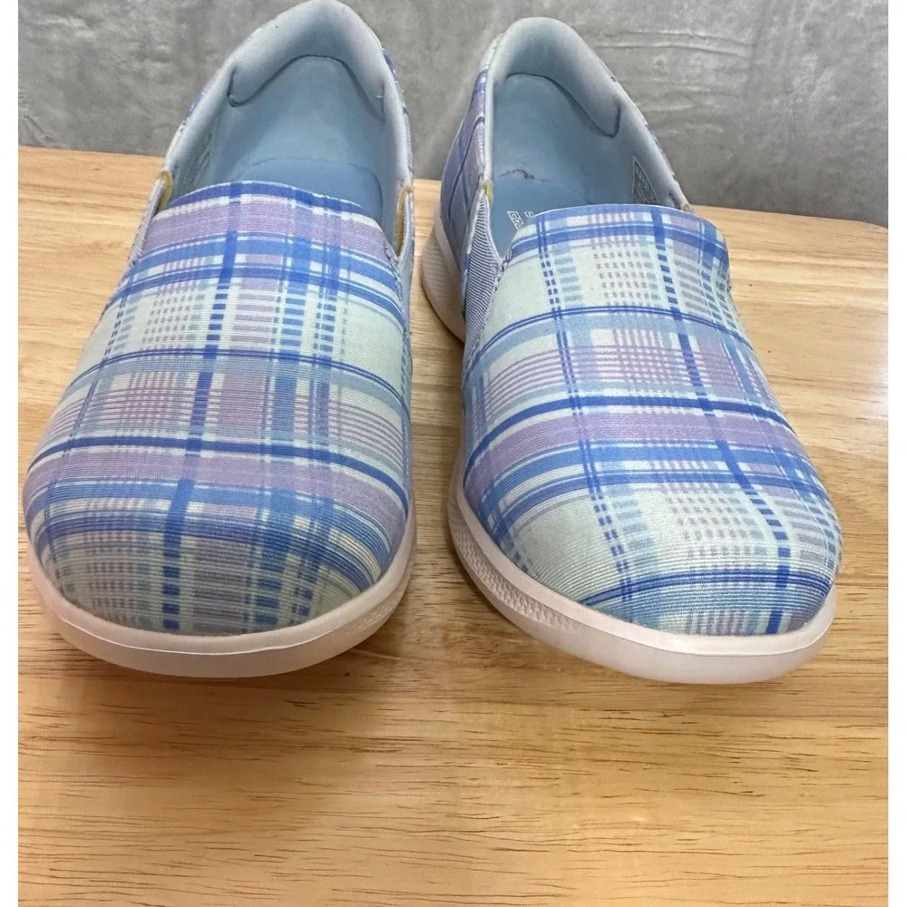 Skechers Womens Go Step Lite Vegan Plaid Slip On Sneakers 7 Washable Blue/Purple